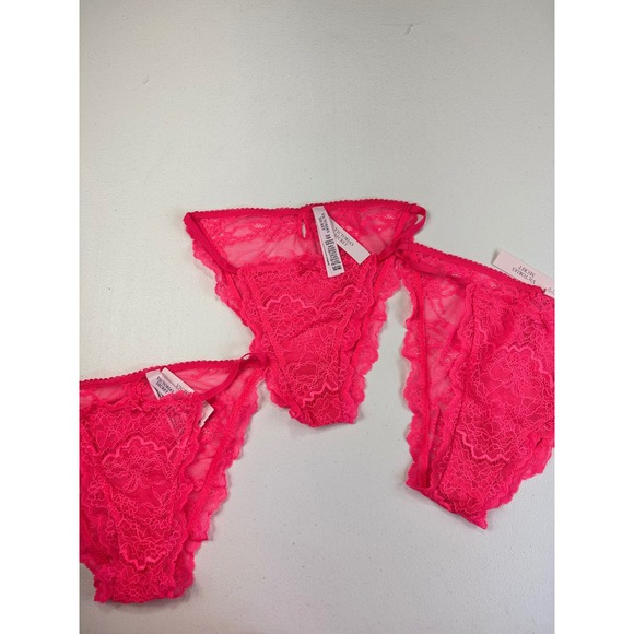 Victoria's Secret Thong Panties 2M 1S Hot Pink Floral Lace Lingerie Set of 3 New - Picture 1 of 10